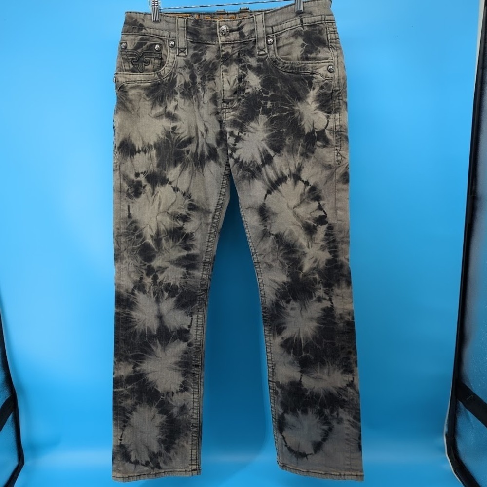 Rock Revival Steven Straight Jeans Mens 36x34 Gray Black Tie Dye Y2K Biker Thick - Picture 3 of 16